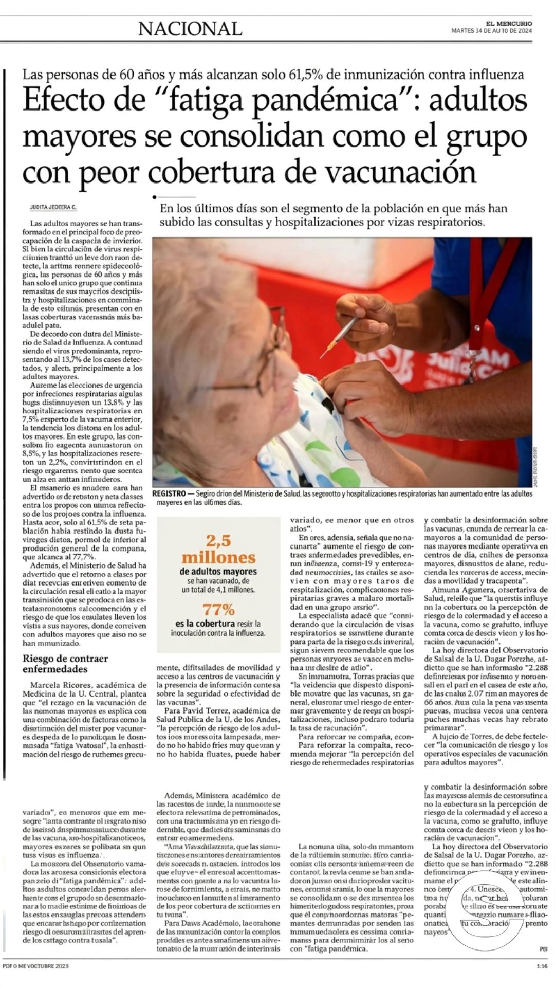 🇨🇱🧘 Las personas de 60 anos y mas alcanzan solo 61,5% de inmunizacion contra influenza 🩺.
