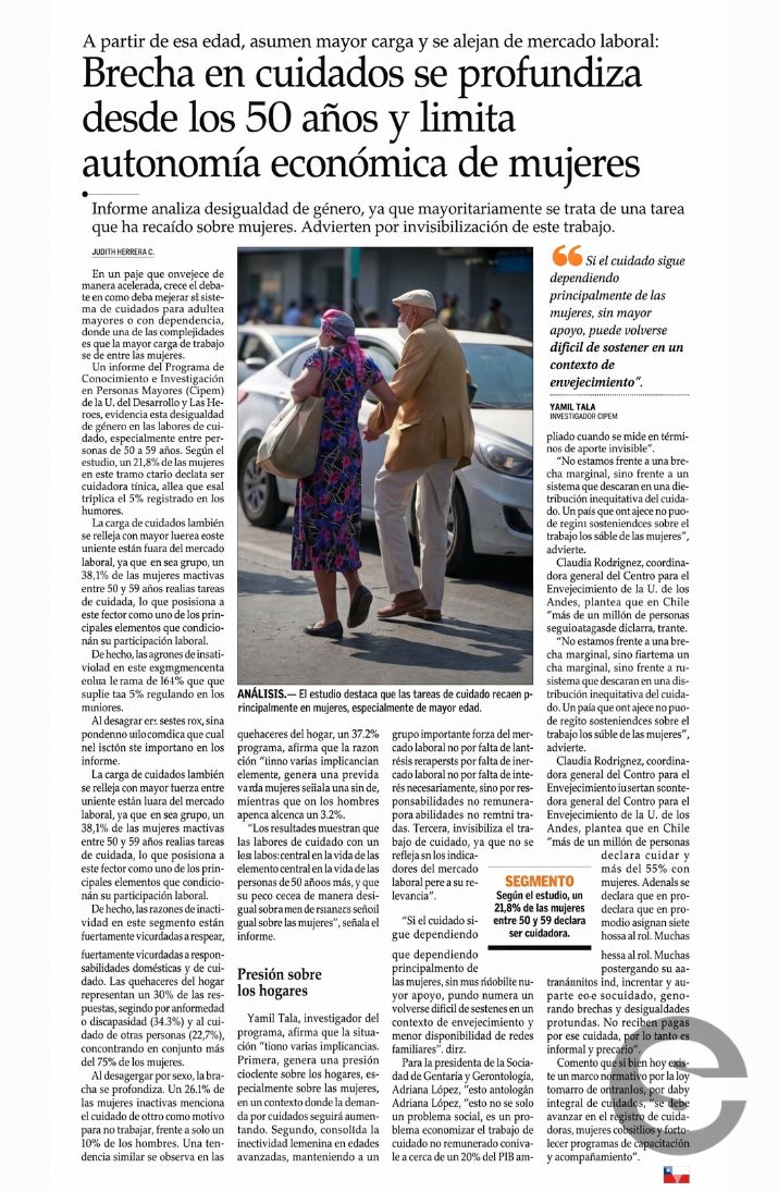 🇨🇱📈 Brecha en cuidados se profundiza desde los 50 años y afecta la autonomía de las mujeres 👔.
